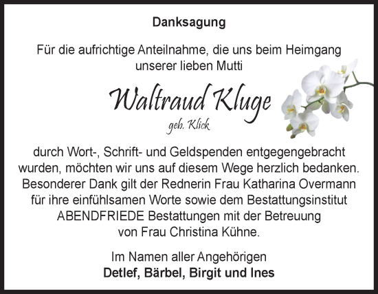 Traueranzeige von Waltraud Kluge von Volksstimme Magdeburg