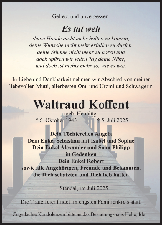 Traueranzeige von Waltraud Koffent von Volksstimme Altmark Ost