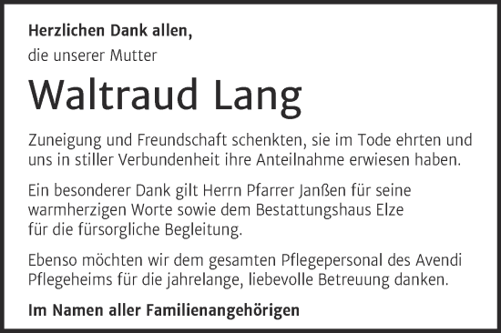 Traueranzeige von Waltraud Lang von Trauerkombi Dessau