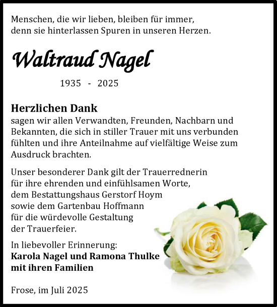 Traueranzeige von Waltraud Nagel von Trauerkombi Aschersleben