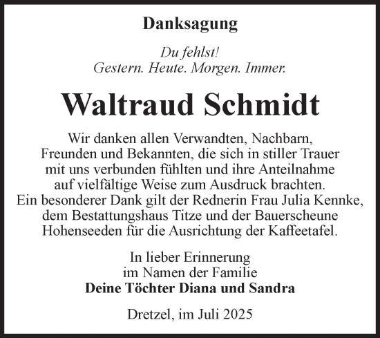 Traueranzeige von Waltraud Schmidt von Volksstimme Burg/Genthin