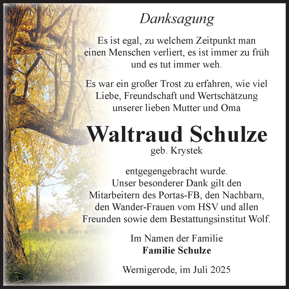  Traueranzeige für Waltraud Schulze vom 26.07.2025 aus Volksstimme Wernigerode