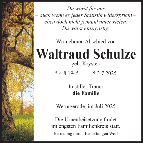 Traueranzeige von Waltraud Schulze von Volksstimme Wernigerode
