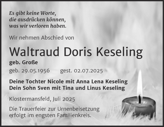 Traueranzeige von Waltraud Doris Keseling von Trauerkombi Mansfelder Land