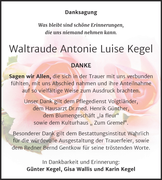 Traueranzeige von Waltraude Antonie Luise Kegel von Trauerkombi Mansfelder Land