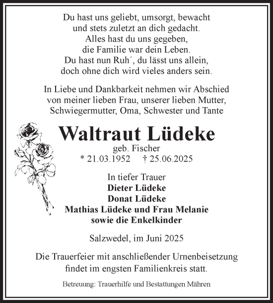 Traueranzeige von Waltraut Lüdeke von Volksstimme Altmark West