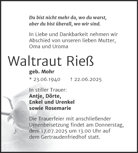 Traueranzeige von Waltraut Rieß von Mitteldeutsche Zeitung Halle/Saalkreis