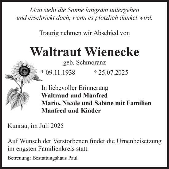 Traueranzeige von Waltraut Wienecke von Volksstimme Altmark West