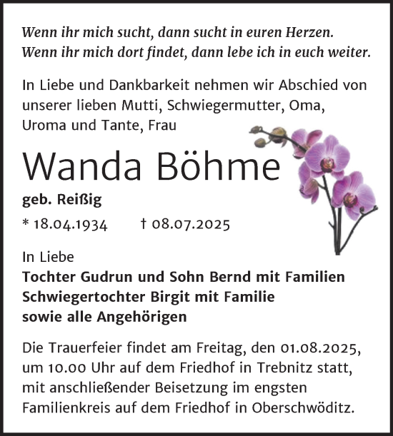 Traueranzeige von Wanda Böhme von Trauerkombi Weißenfels