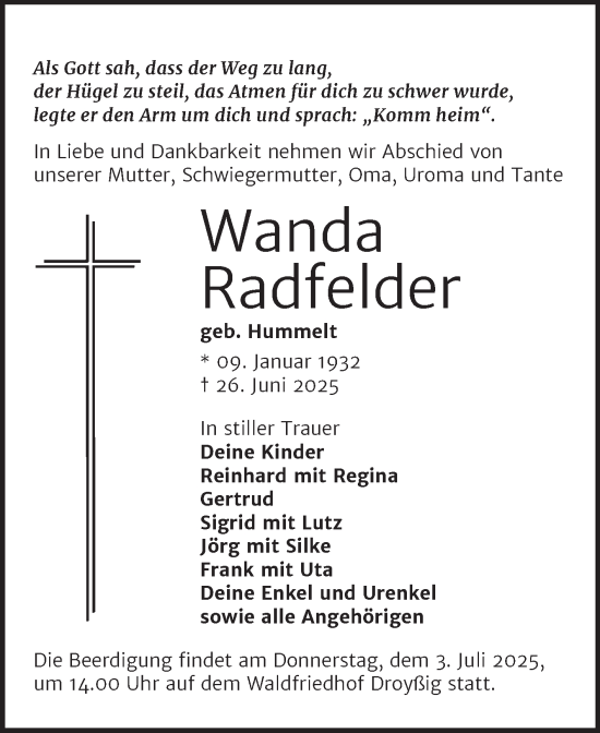 Traueranzeige von Wanda Radfelder von Mitteldeutsche Zeitung Zeitz