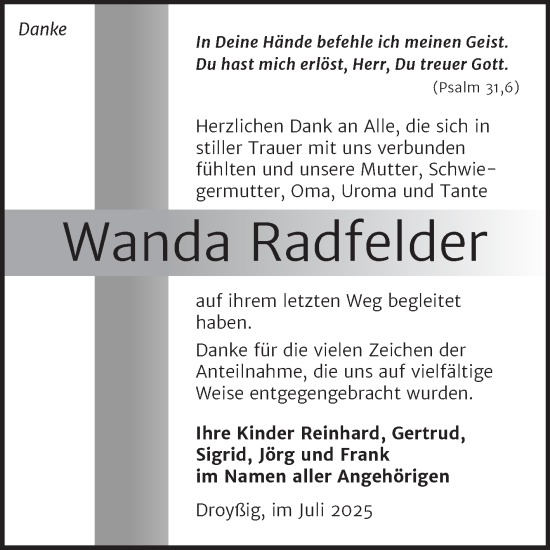 Traueranzeige von Wanda Radfelder von Trauerkombi Zeitz
