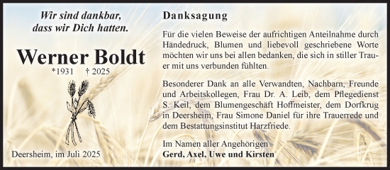 Traueranzeige von Werner Boldt von Volksstimme Halberstadt