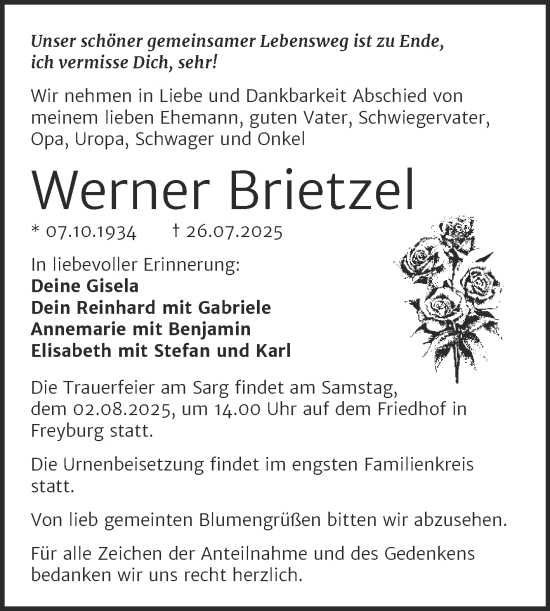 Traueranzeige von Werner Brietzel von Naumburger Tageblatt
