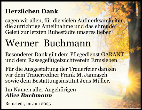 Traueranzeige von Werner Buchmann von Trauerkombi Quedlinburg