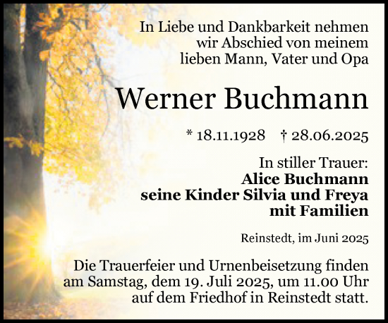Traueranzeige von Werner Buchmann von Trauerkombi Quedlinburg