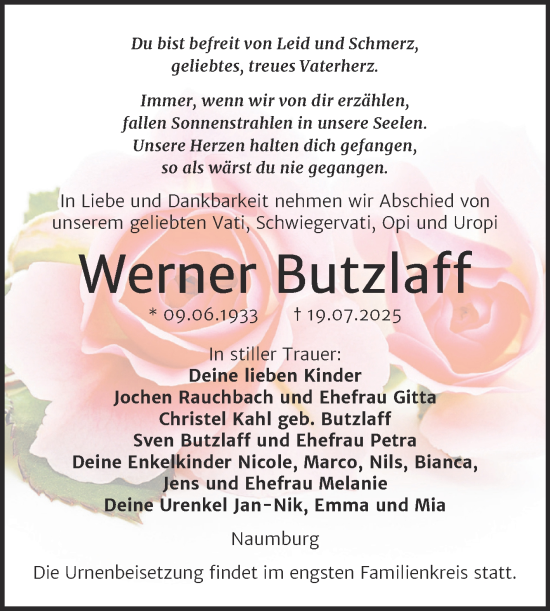 Traueranzeige von Werner Butzlaff von Super Sonntag Naumburg/Nebra