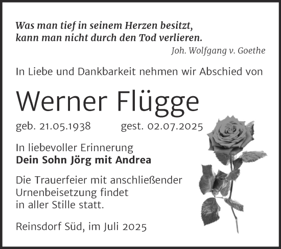 Traueranzeige von Werner Flügge von Trauerkombi Wittenberg