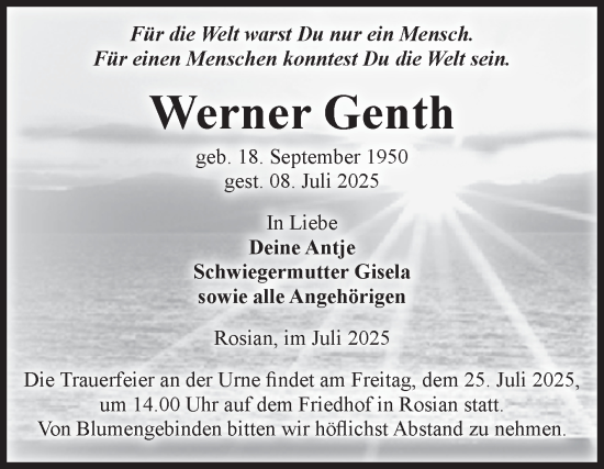 Traueranzeige von Werner Genth von Volksstimme Zerbst