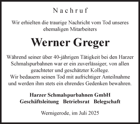 Traueranzeige von Werner Greger von Volksstimme Wernigerode