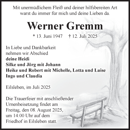 Traueranzeige von Werner Gremm von Volksstimme Oschersleben/Wanzleben