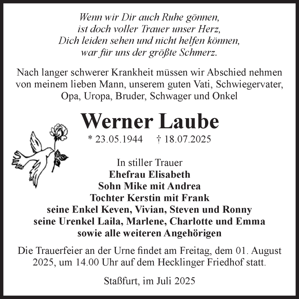  Traueranzeige für Werner Laube vom 26.07.2025 aus 