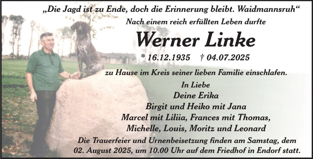  Traueranzeige für Werner Linke vom 19.07.2025 aus Trauerkombi Quedlinburg
