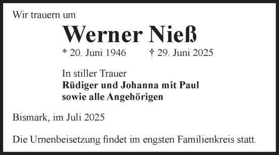 Traueranzeige von Werner Nieß von Volksstimme Altmark Ost