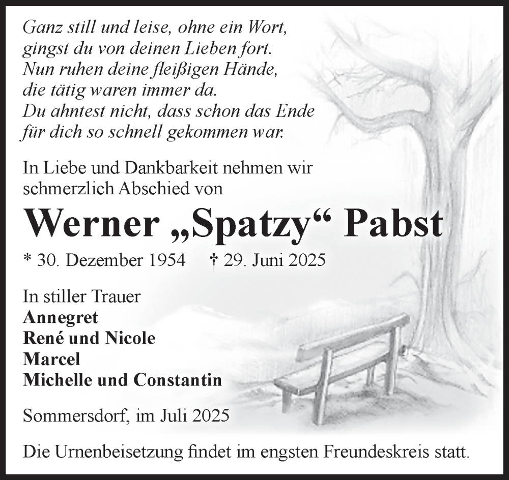  Traueranzeige für Werner Pabst vom 02.07.2025 aus Volksstimme Oschersleben/Wanzleben