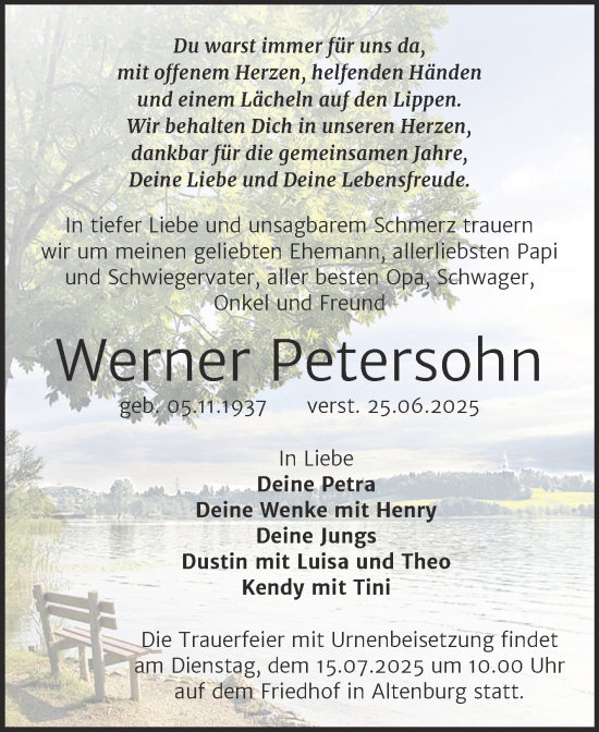 Traueranzeige von Werner Petersohn von Trauerkombi Bernburg