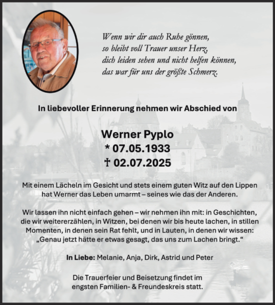 Traueranzeige von Werner Pyplo von Trauerkombi Merseburg