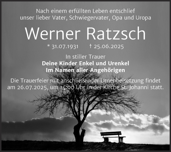 Traueranzeige von Werner Ratzsch von Trauerkombi Merseburg