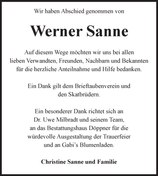 Traueranzeige von Werner Sanne von Volksstimme Oschersleben/Wanzleben
