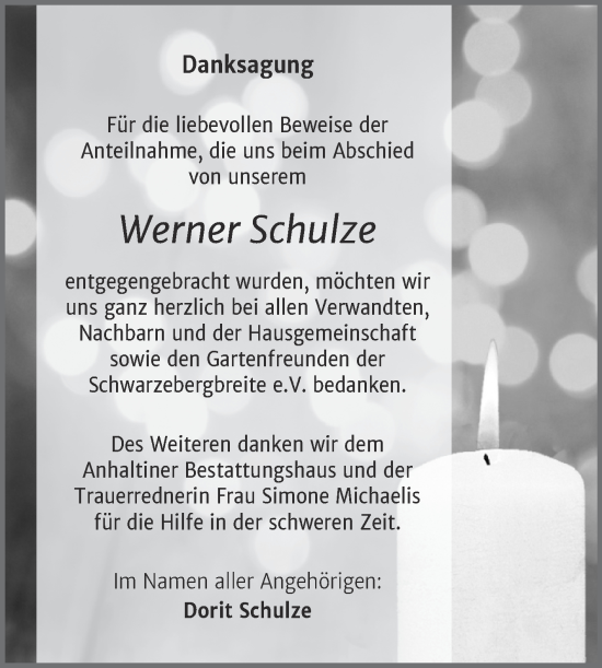 Traueranzeige von Werner Schulze von Trauerkombi Dessau