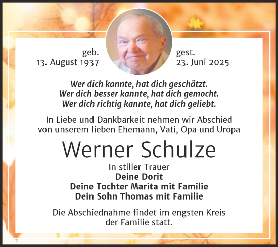 Traueranzeige von Werner Schulze von Trauerkombi Dessau