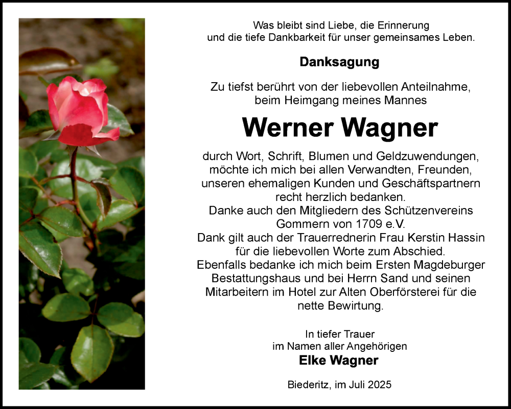  Traueranzeige für Werner Wagner vom 26.07.2025 aus Volksstimme Burg/Genthin