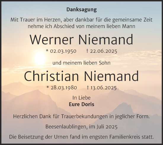 Traueranzeige von Werner und Christian Niemand von Trauerkombi Bernburg