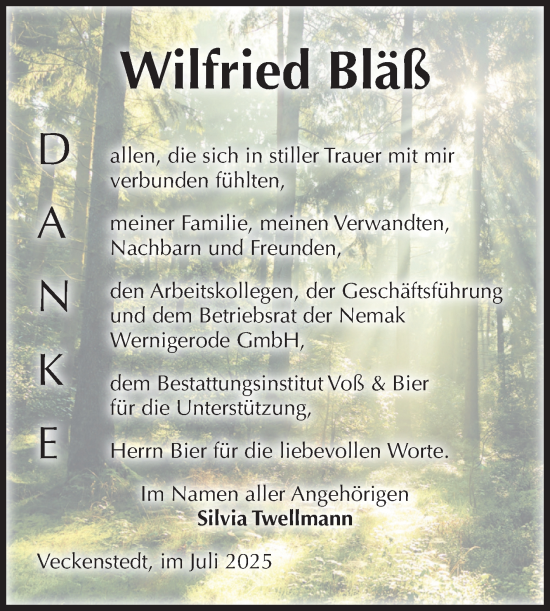 Traueranzeige von Wilfried Bläß von Volksstimme Wernigerode