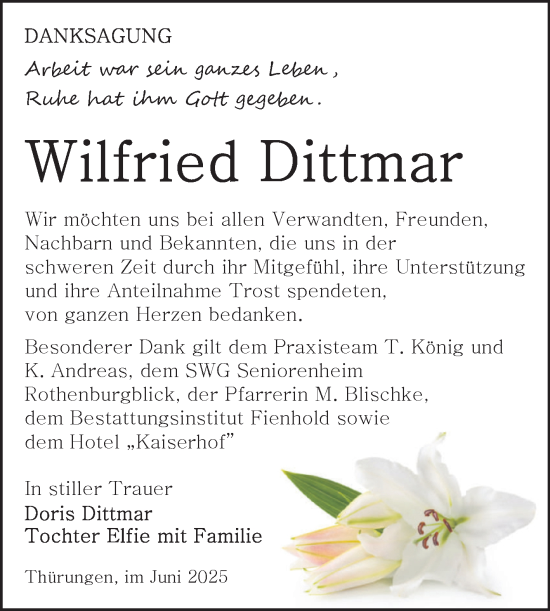 Traueranzeige von Wilfried Dittmar von Trauerkombi Sangerhausen