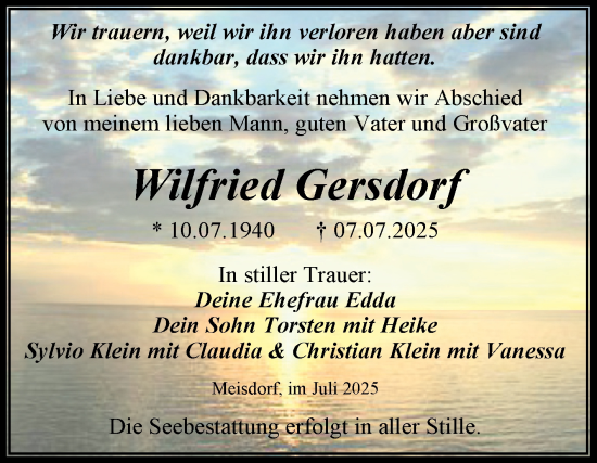 Traueranzeige von Wilfried Gersdorf von Trauerkombi Quedlinburg