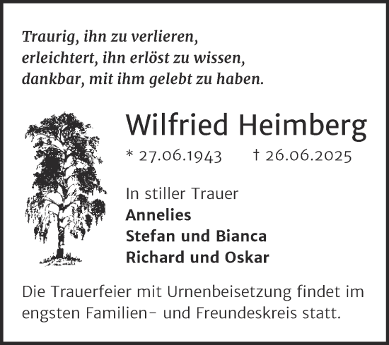 Traueranzeige von Wilfried Heimberg von Trauerkombi Bitterfeld