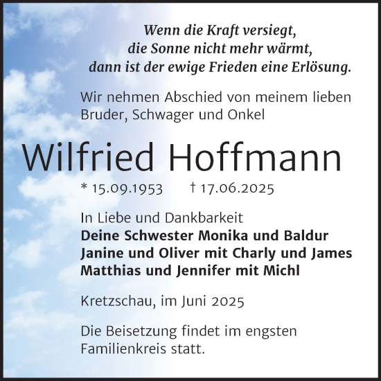 Traueranzeige von Wilfried Hoffmann von Trauerkombi Zeitz