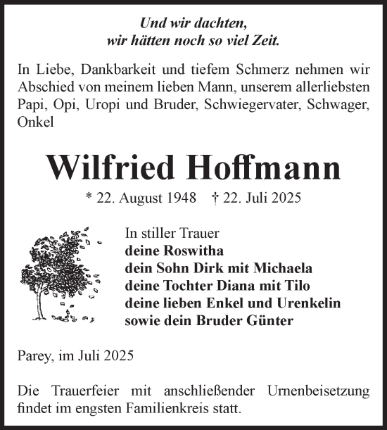 Traueranzeige von Wilfried Hoffmann von Volksstimme Burg/Genthin