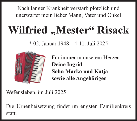 Traueranzeige von Wilfried  Risack von Volksstimme Oschersleben/Wanzleben