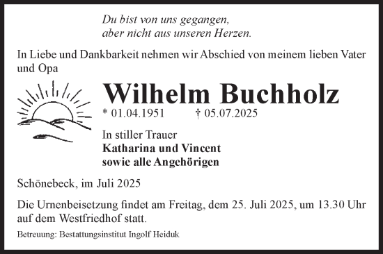 Traueranzeige von Wilhelm Buchholz von Volksstimme Schönebeck