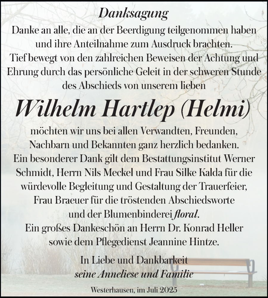  Traueranzeige für Wilhelm Hartlep vom 26.07.2025 aus Trauerkombi Quedlinburg