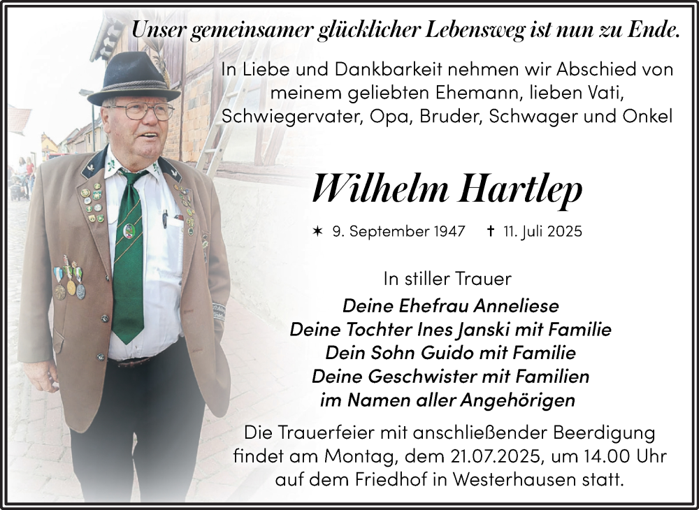  Traueranzeige für Wilhelm Hartlep vom 19.07.2025 aus Trauerkombi Quedlinburg