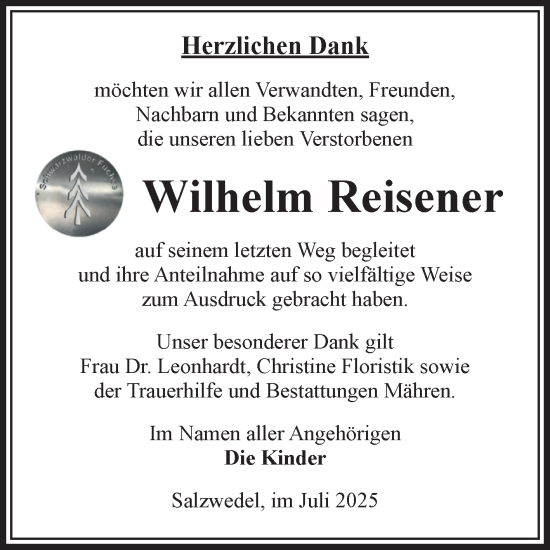 Traueranzeige von Wilhelm Reisener von Volksstimme Altmark West