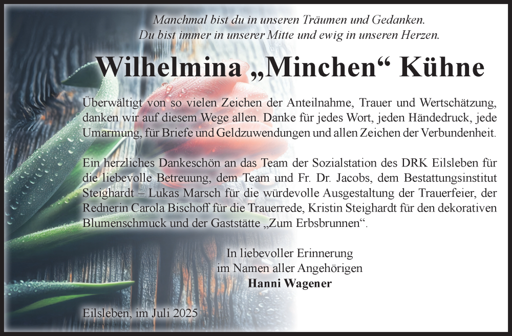  Traueranzeige für Wilhelmina Kühne vom 26.07.2025 aus Volksstimme Oschersleben/Wanzleben