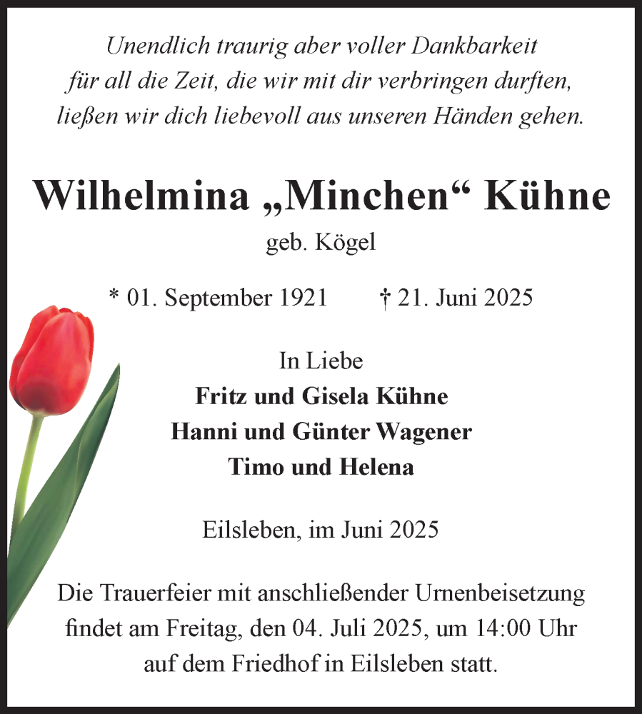  Traueranzeige für Wilhelmina Kühne vom 01.07.2025 aus Volksstimme Oschersleben/Wanzleben