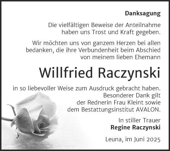 Traueranzeige von Willfried Raczynski von Trauerkombi Merseburg